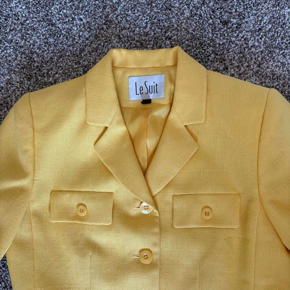 Vintage Le Suit Sunshine Lemon Yellow Fitted Blazer Y2K Mod Short Sleeve Size 6 - Picture 2 of 14
